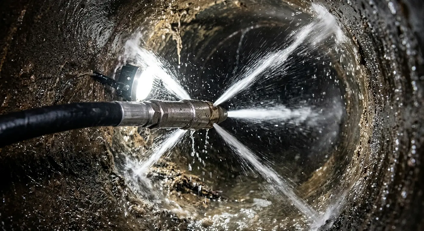 High-pressure hydro jetting nozzle cleaning sewer pipe for Emergency Drain Service in Middle Valley