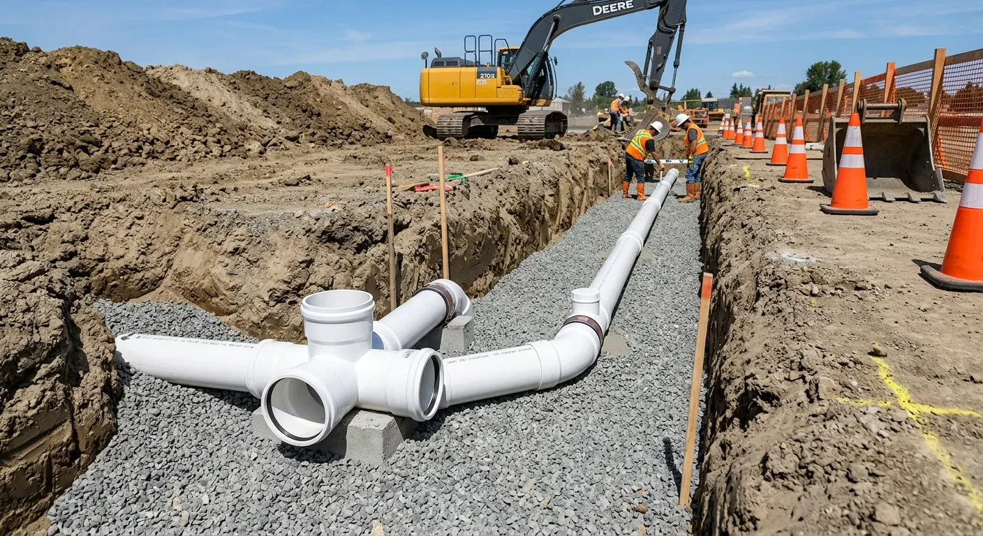 New PVC sewer pipe installation in open trench for Sewer Backup in Middle Valley