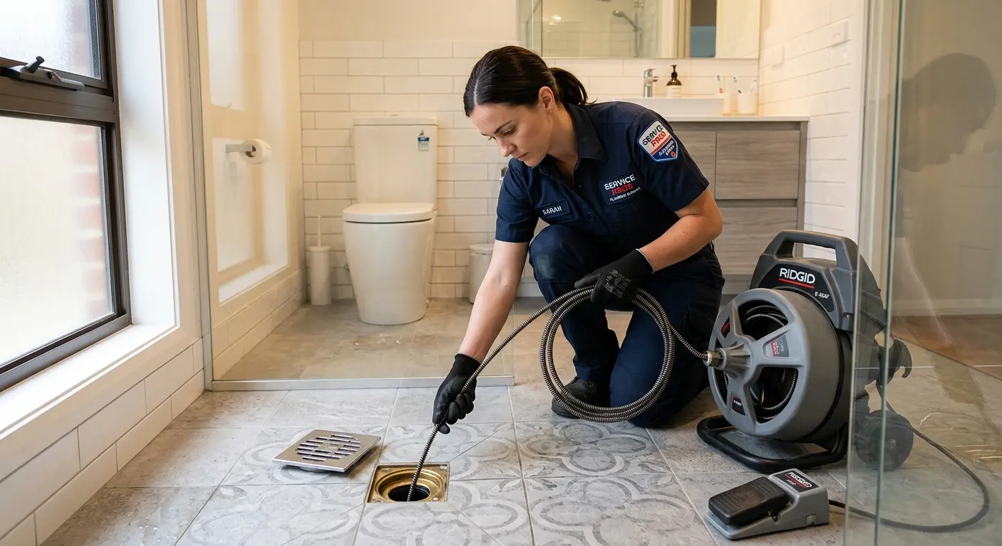 Technician clearing a bathroom floor drain for Sewer Line Installation in Middle Valley